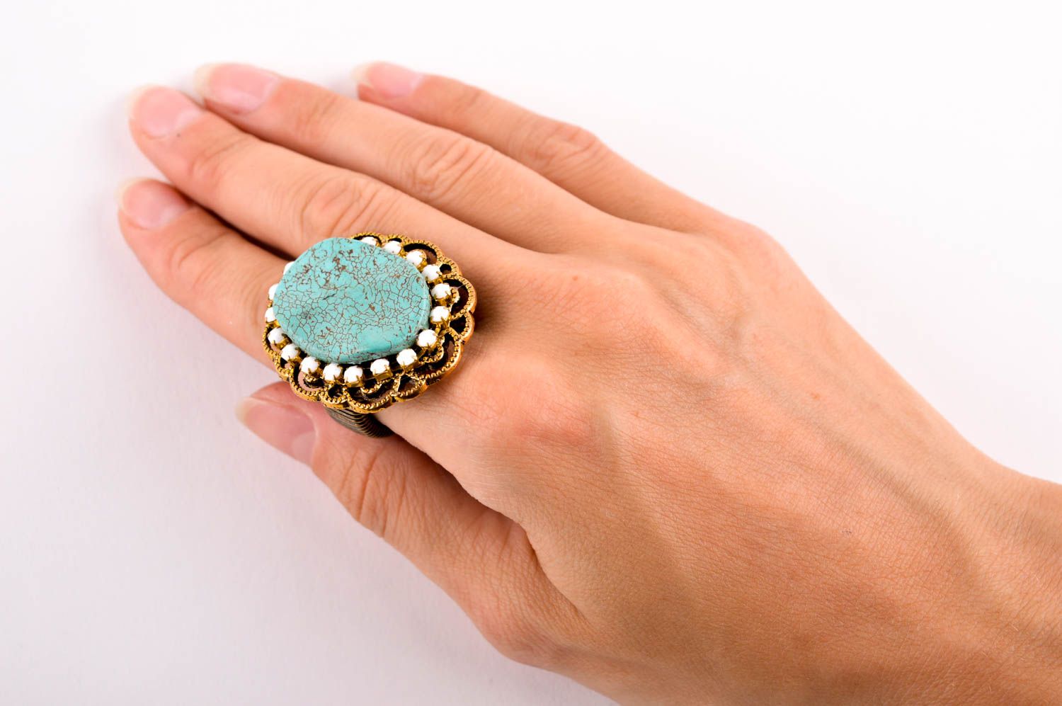 Женское кольцо хенд мейд красивое кольцо бижутерия с натуральными камнями бирюза фото 5