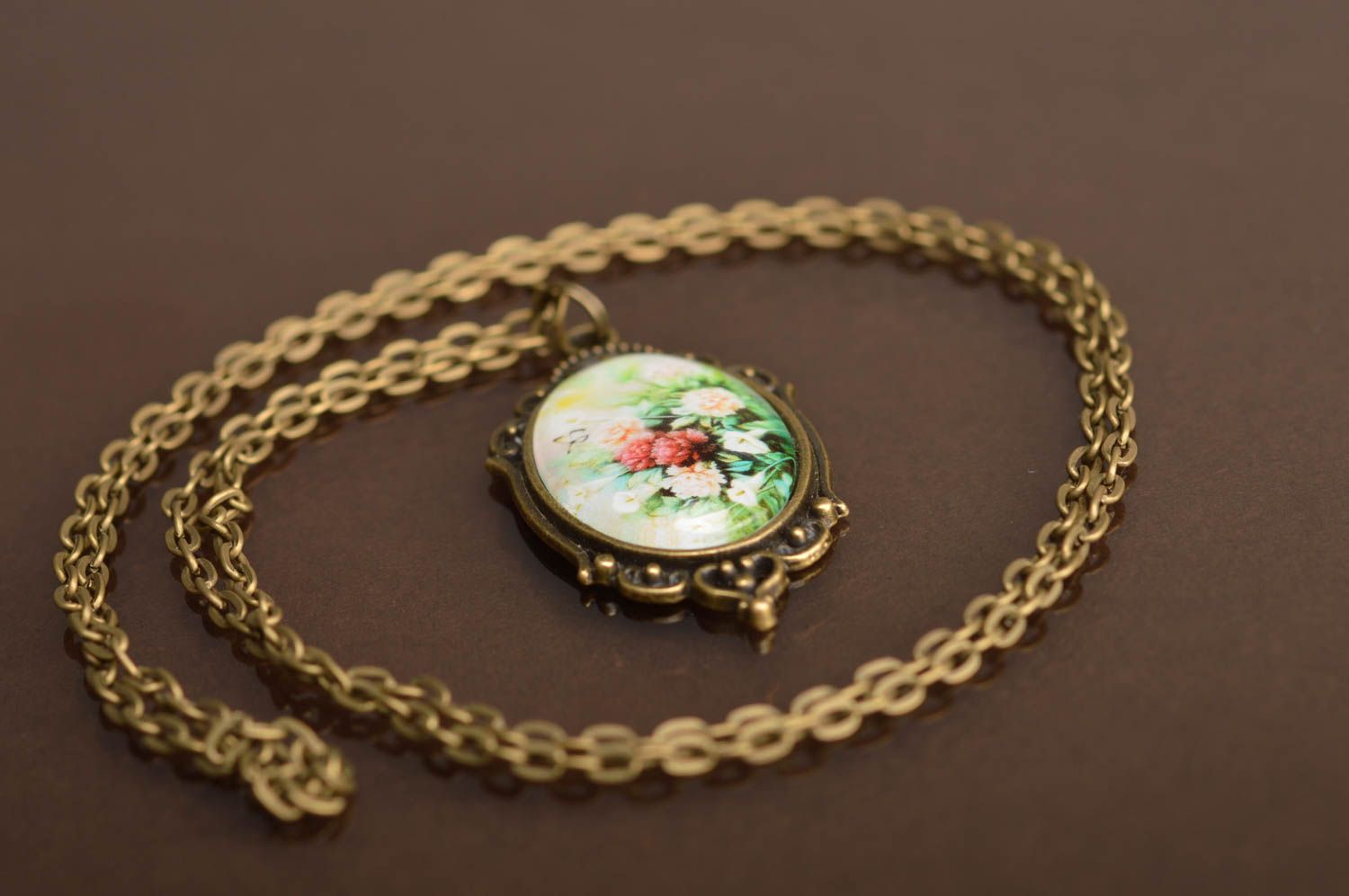 Handmade cute oval pendant on long chain with flowers in vintage style photo 2
