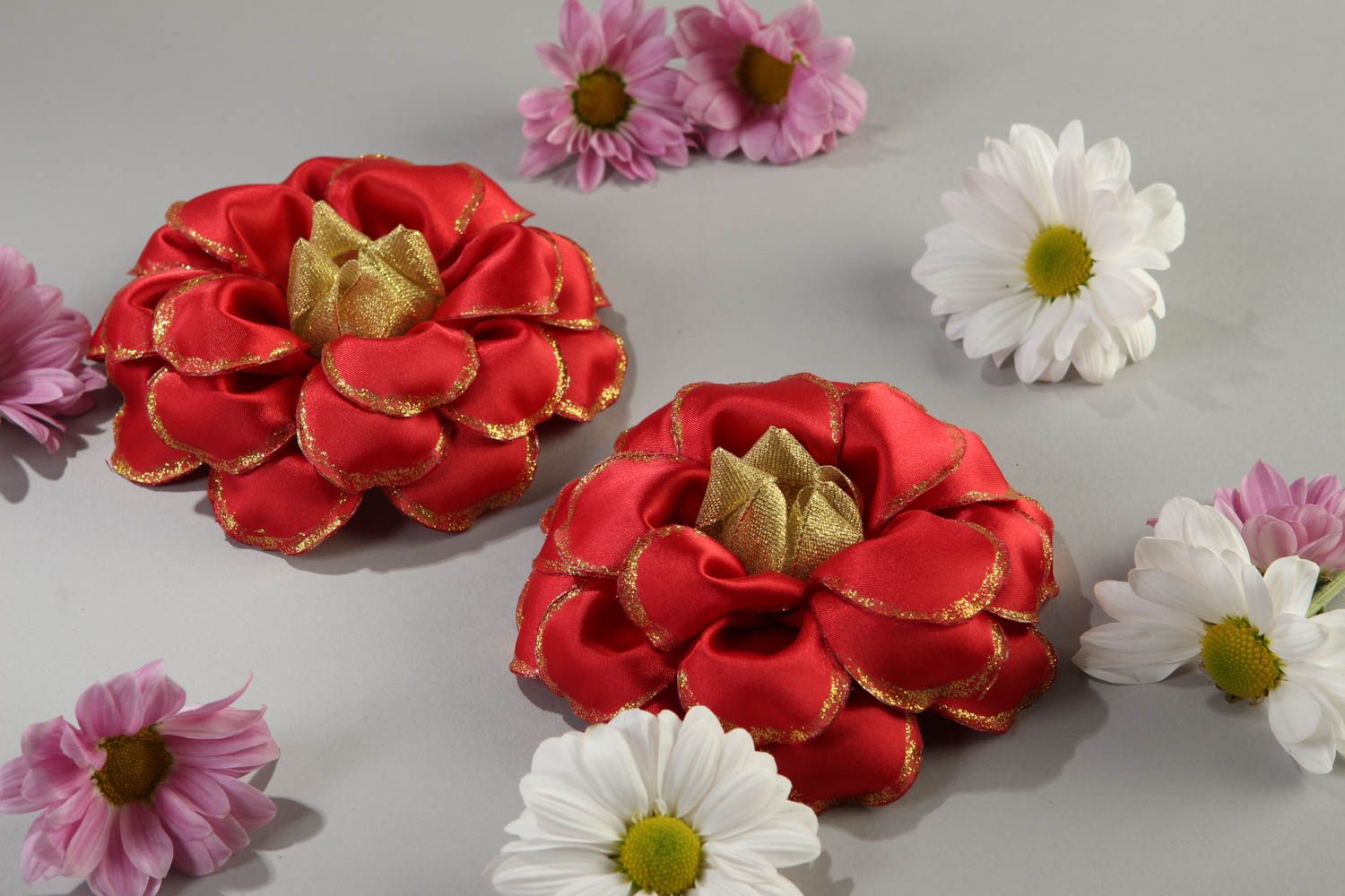 Handmade scrunchy with flowers hair accessories kids scranchies red scranchies  photo 1