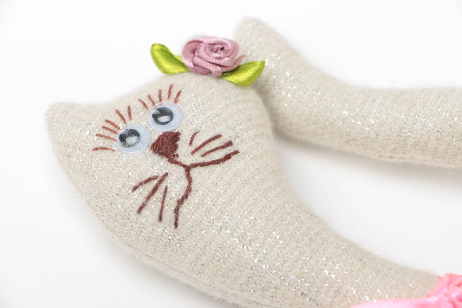 Soft toy handmade cotton and wool cat with a bow nice present for children photo 3