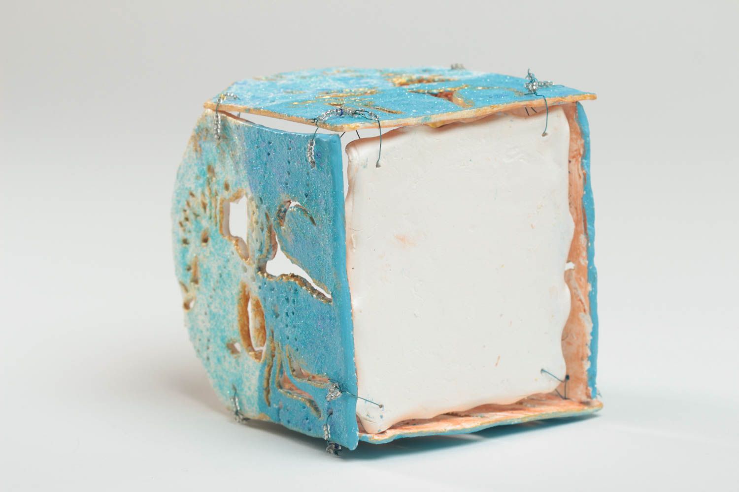 Bougeoir en argile polymère fait main décoratif pour intérieur peint bleu photo 3