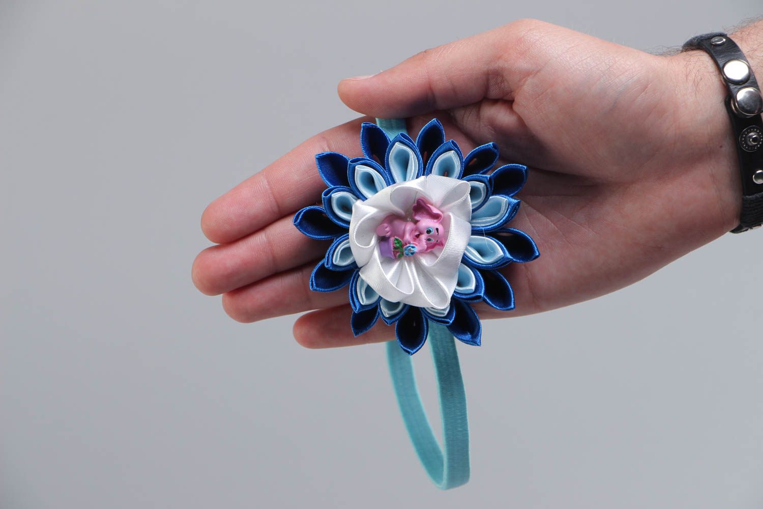 Bandeau à cheveux avec fleur et petit éléphant bleu technique kanzashi fait main photo 5