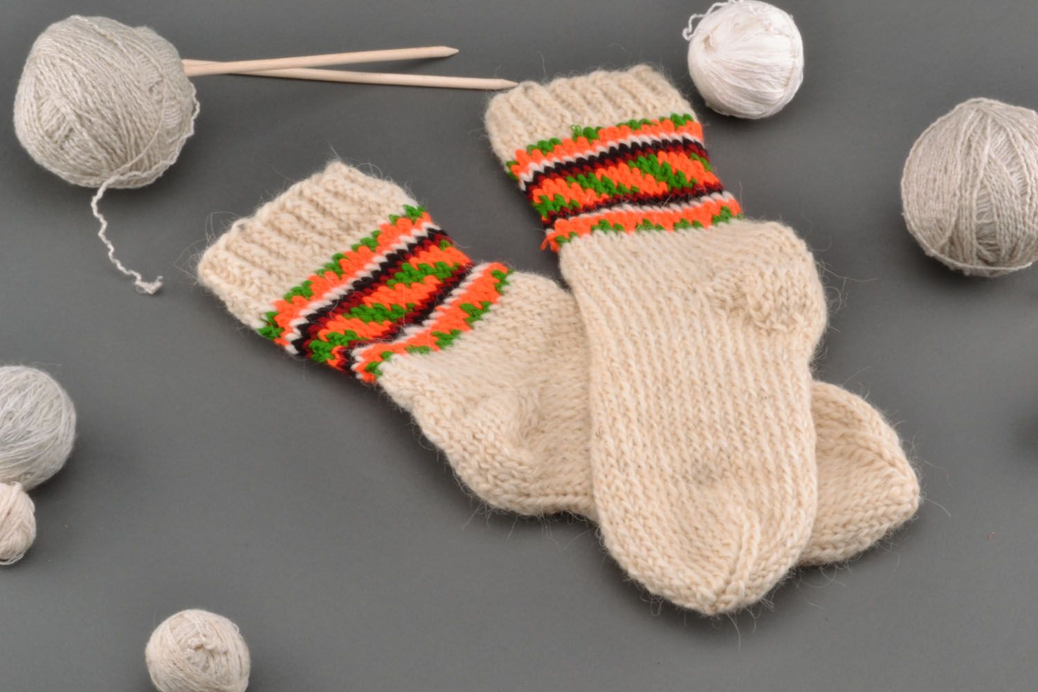 Homemade knitted woolen socks photo 1