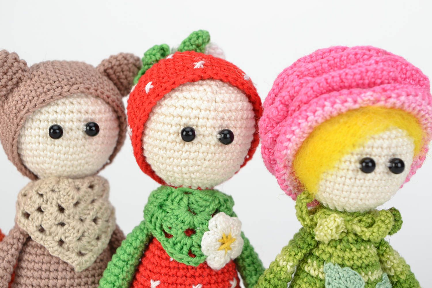 Set of small handmade crochet soft toys 5 pieces Girls in costumes of animals photo 3