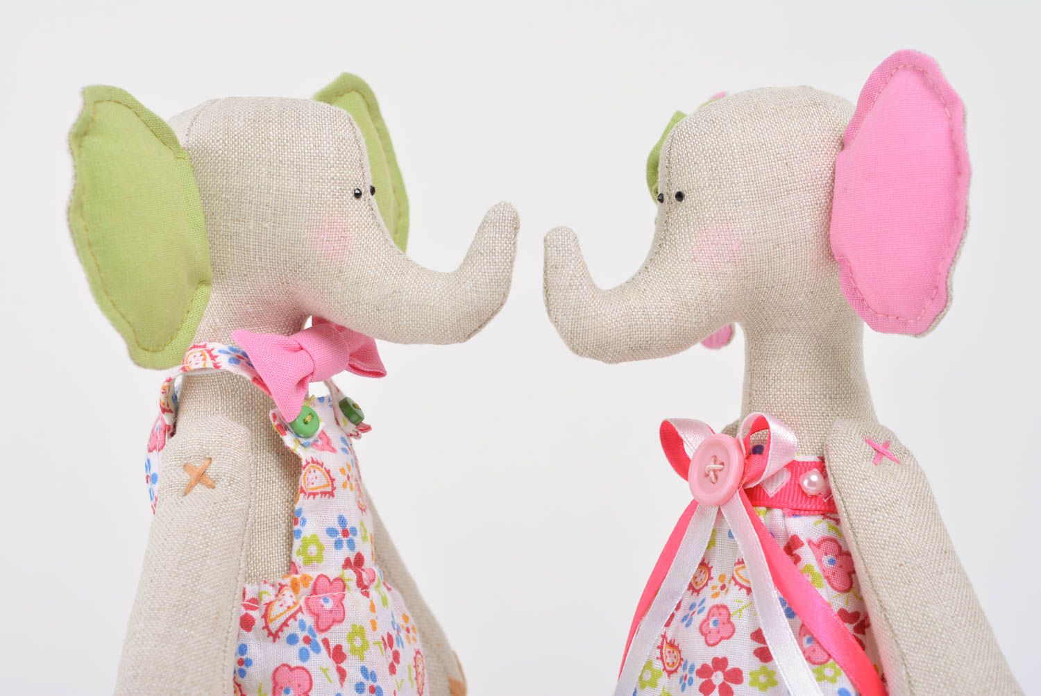 Handmade children's cotton and linen fabric soft toys set 2 pieces Elephants photo 2