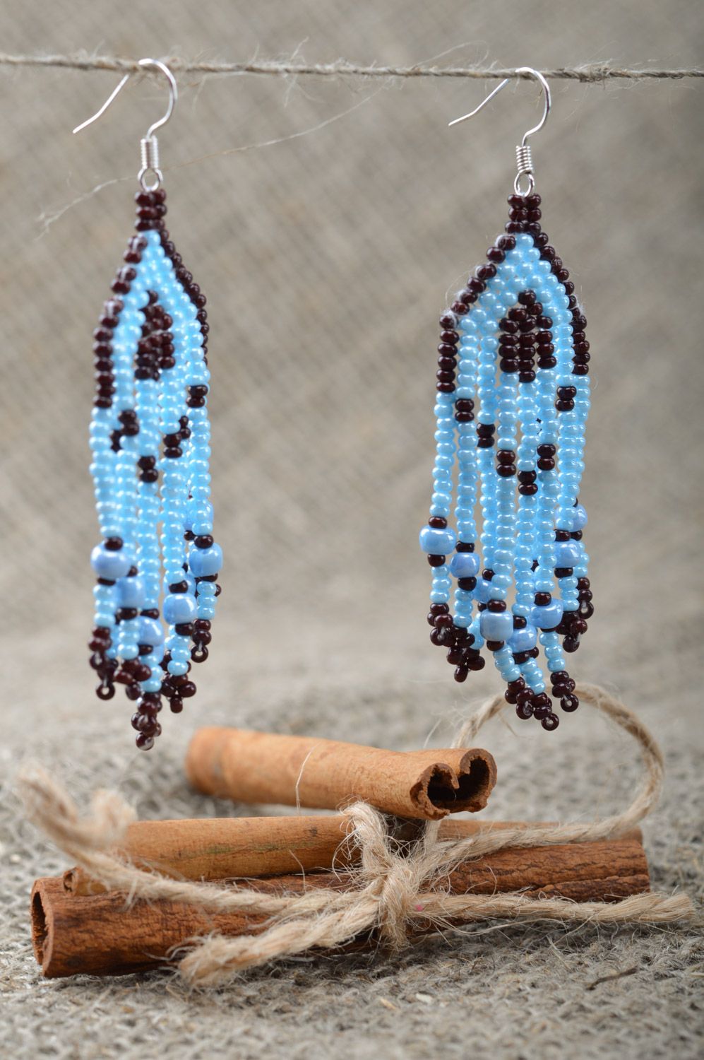 Handmade blue long beaded dangle earrings with fringe in ethnic style  photo 1