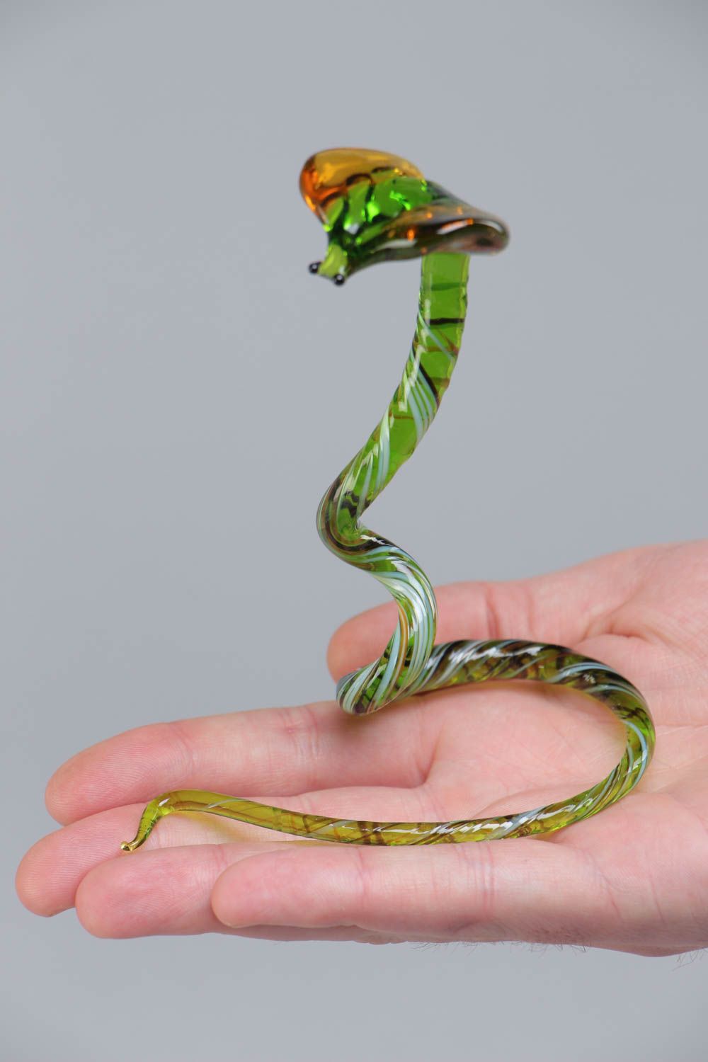 Handmade miniature lampwork glass figurine of green cobra snake interior decor photo 5