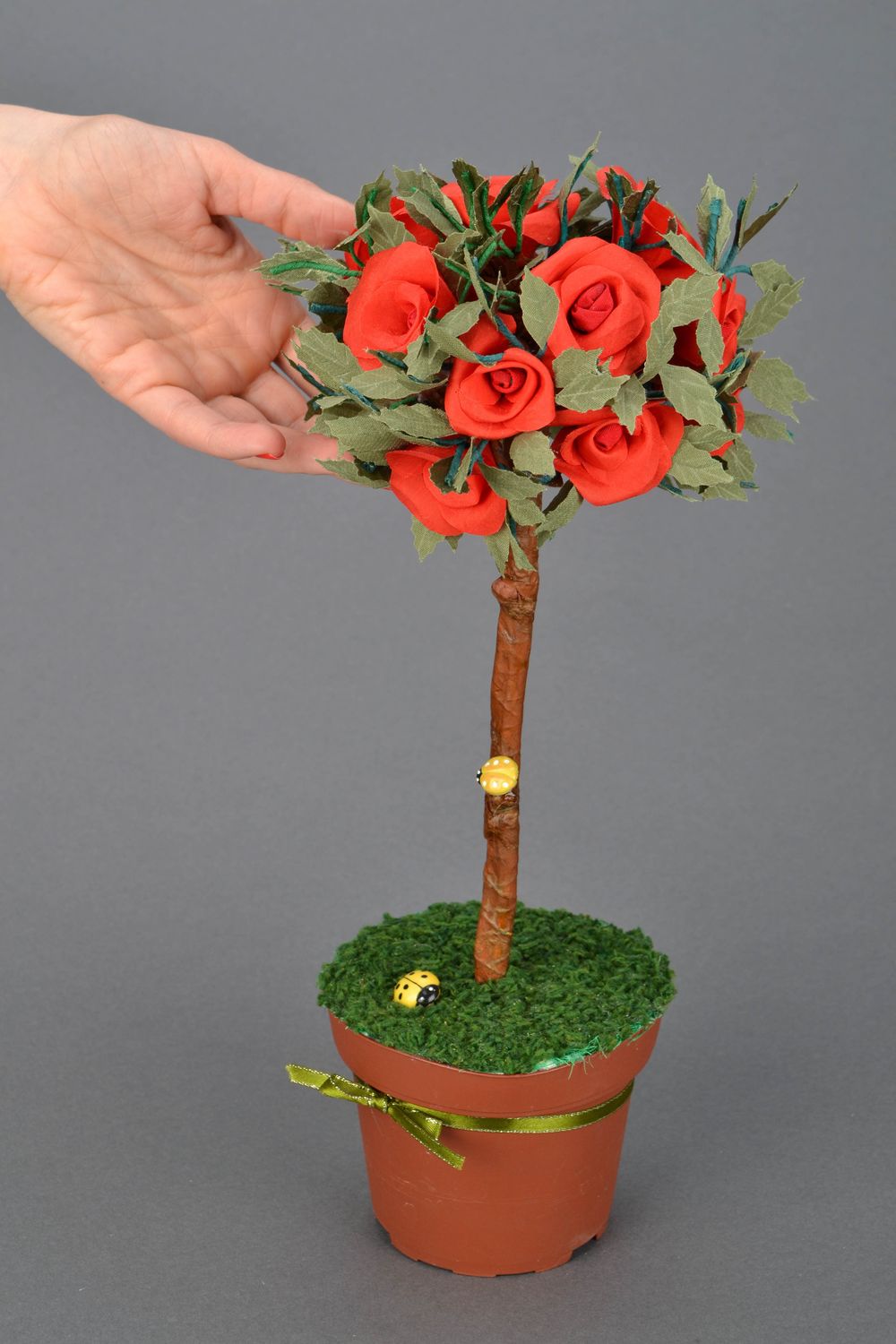 Handmade topiary with red flowers photo 2