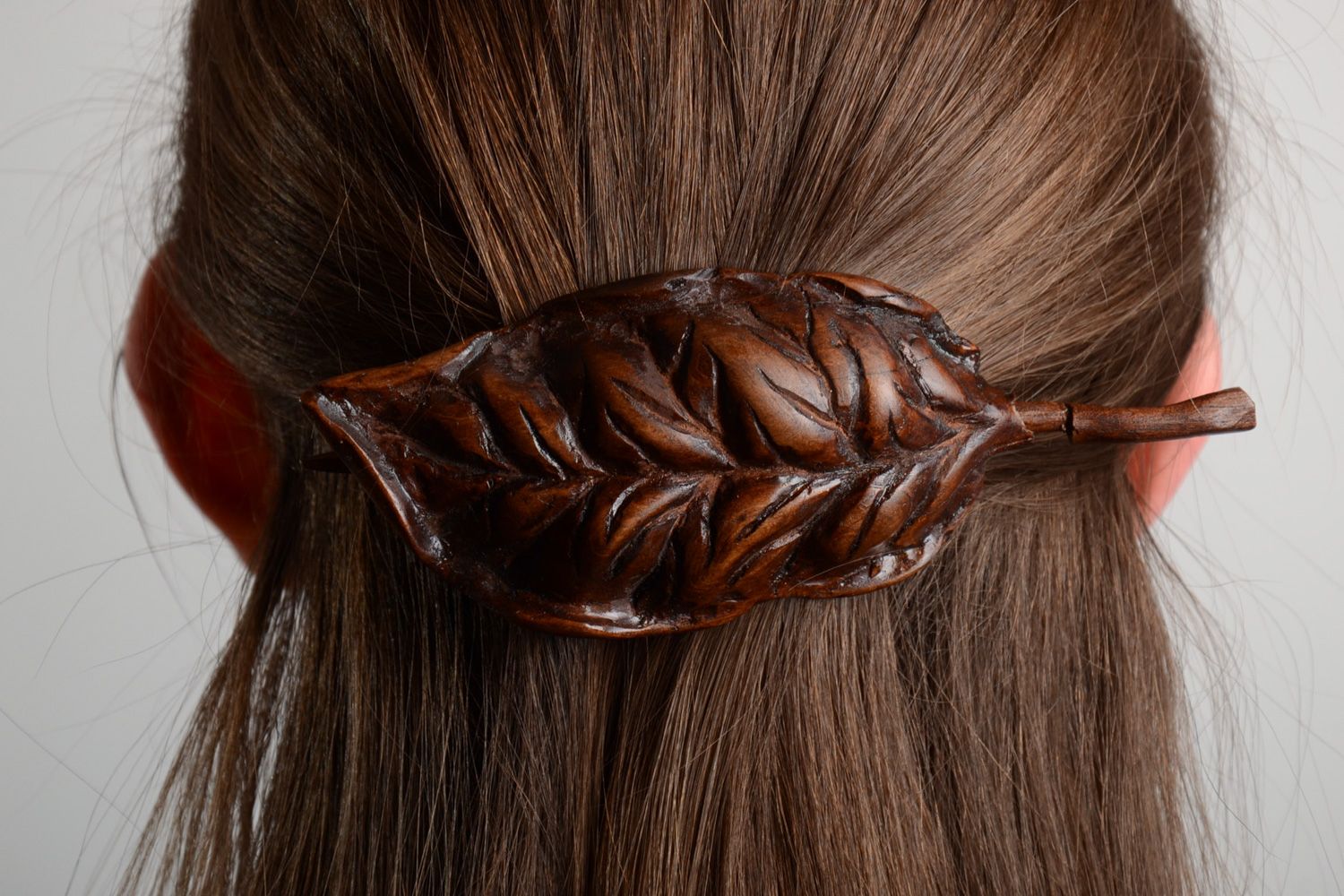 Hair jewelry Beautiful dark tinted wooden hair clip in the shape of leaf with stick handmade photo 2