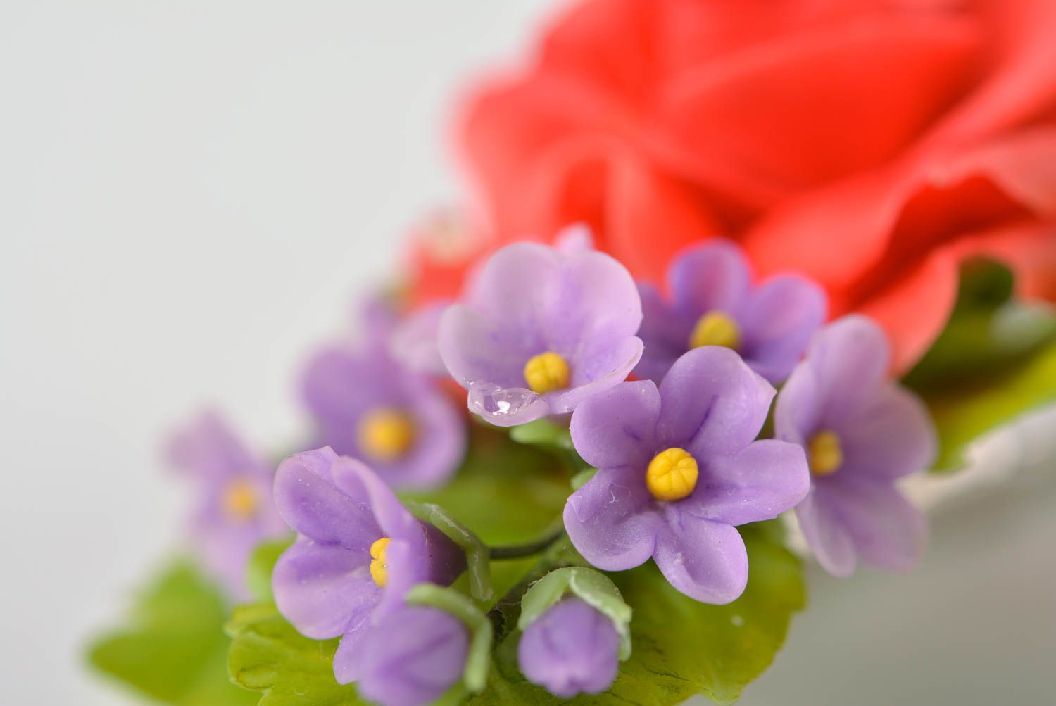 Handmade designer decorative hair clip with polymer clay red and violet flowers photo 3