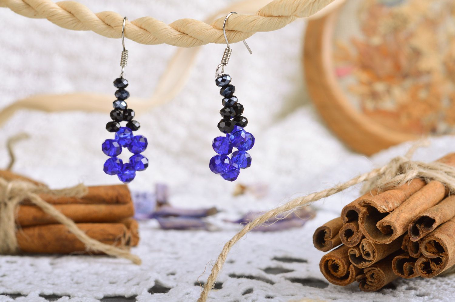 Beautiful evening handmade long beaded earrings of black and blue colors for women photo 1