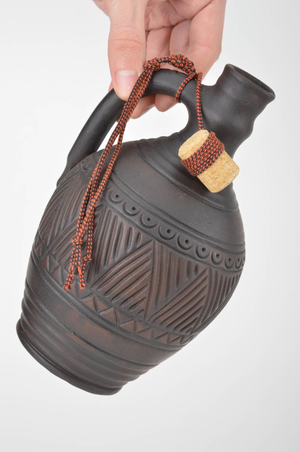 Handmade dark ceramic bottle kilned with milk with wooden cork for 300 ml photo 3