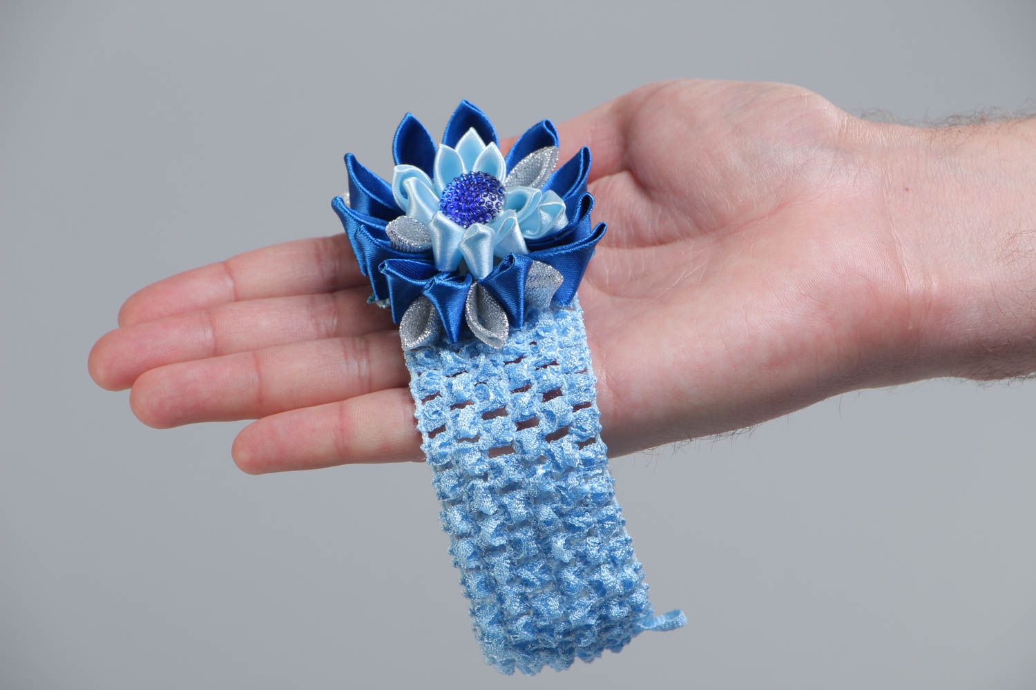 Handmade designer blue kanzashi satin flower hair strap photo 5