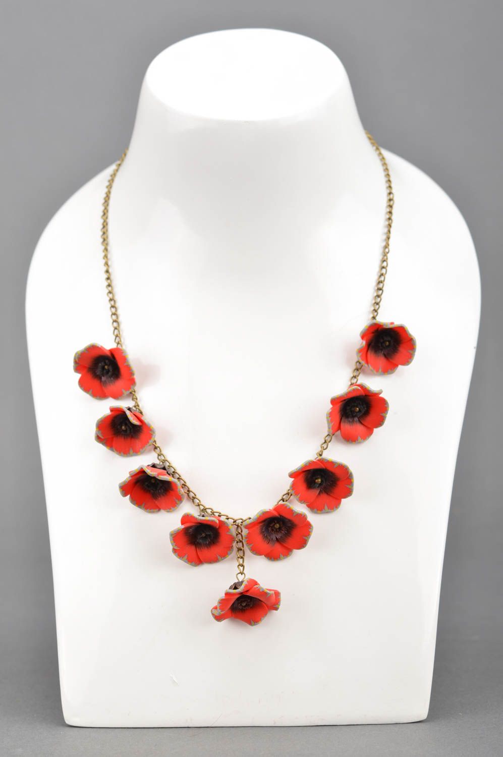 Handmade long necklace with flowers made of polymer clay on chain Red poppies photo 1