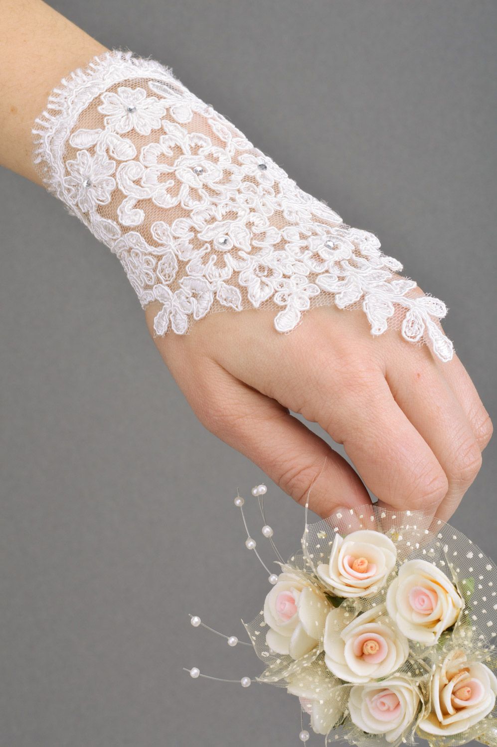 Handmade French lace short wedding gloves of snow white color for bride photo 1