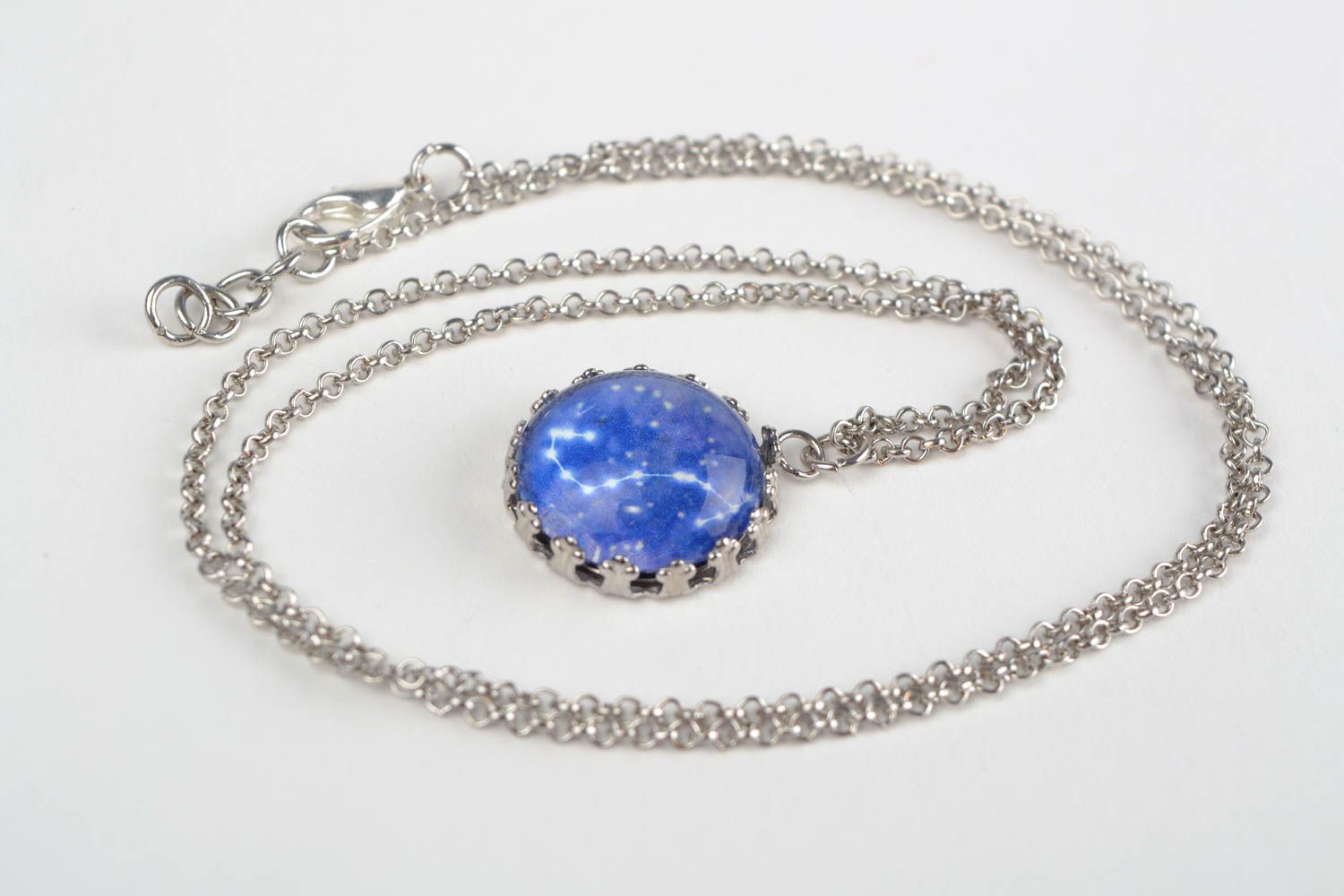 Blue handmade glass pendant on metal chain with Scorpio zodiac sign photo 1