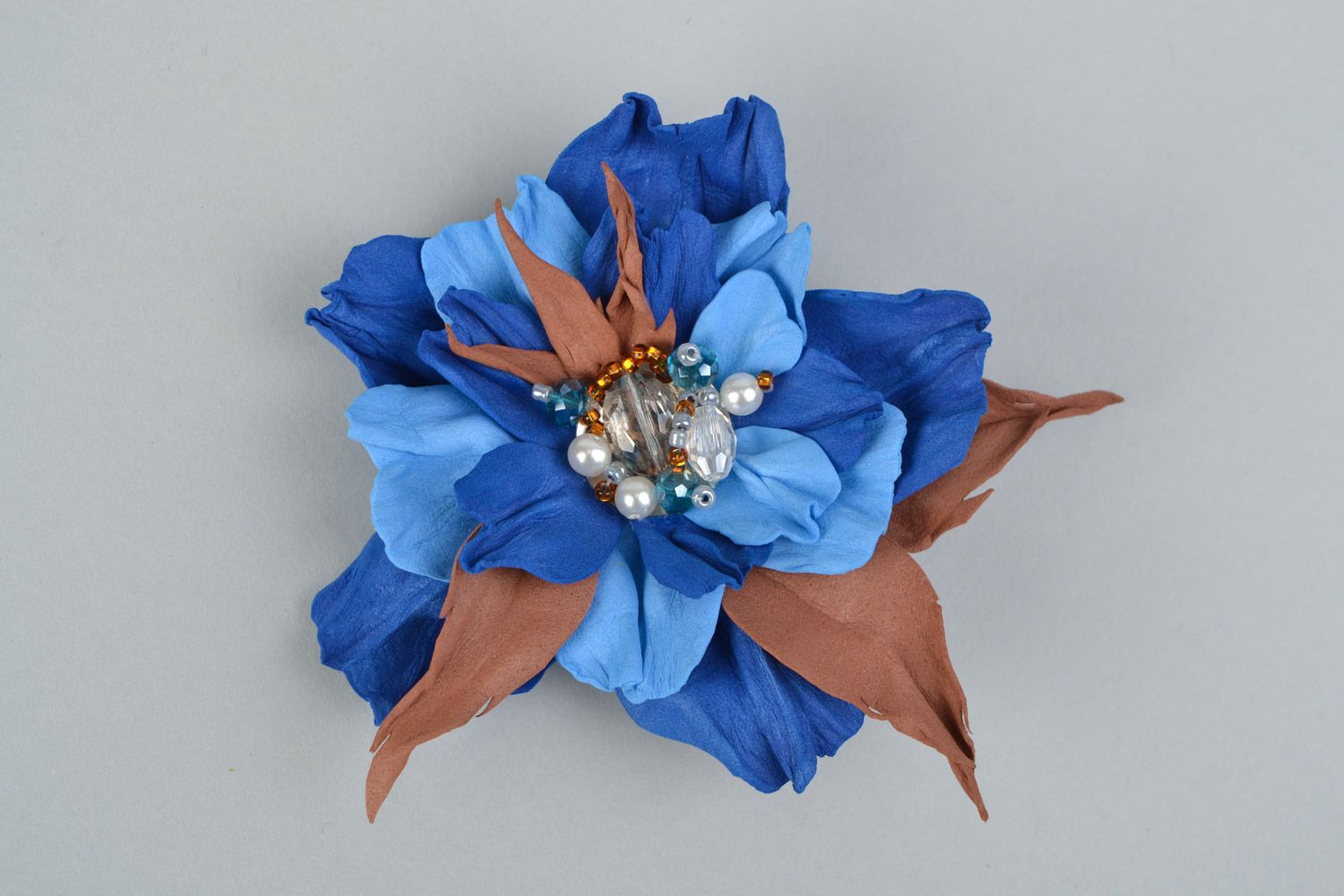 Handmade magnificent blue and brown foamiran flower brooch hair clip transformer photo 3
