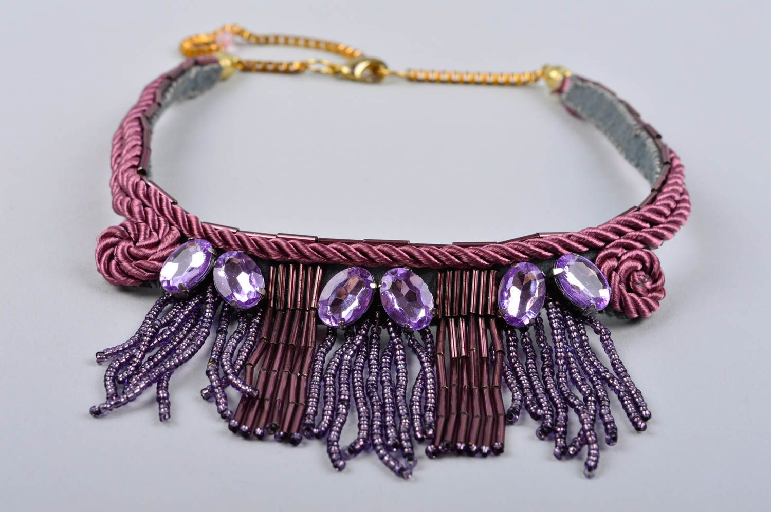 Handmade massive necklace unusual beaded jewelry lilac beautiful necklace photo 3