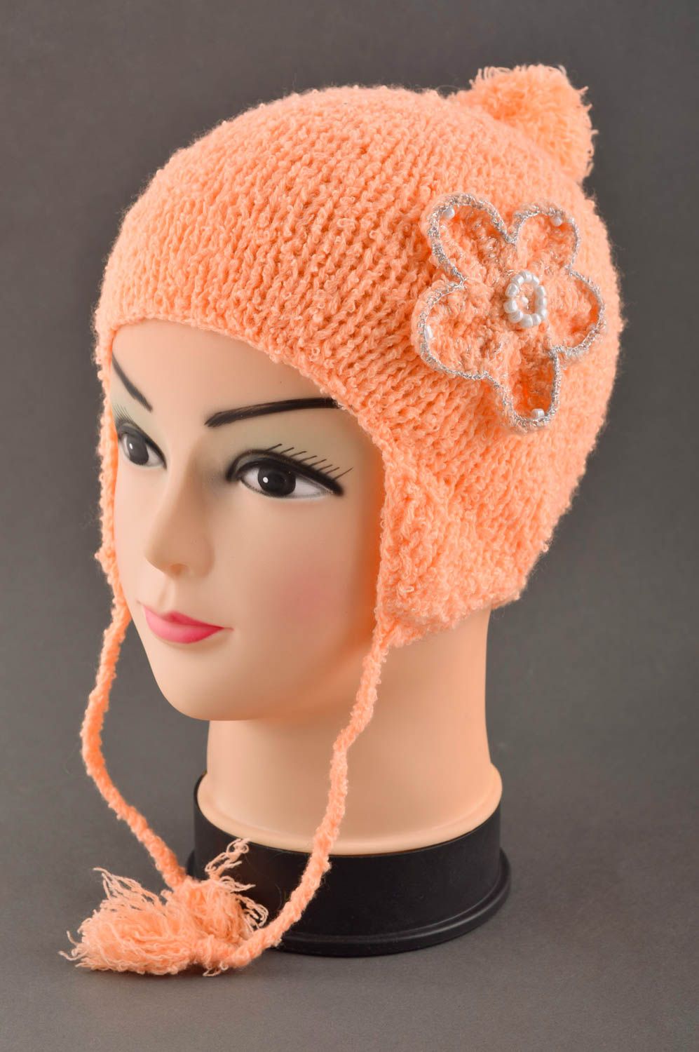 Gorro tejido a mano naranja con flor regalo original accesorio para niñas foto 1