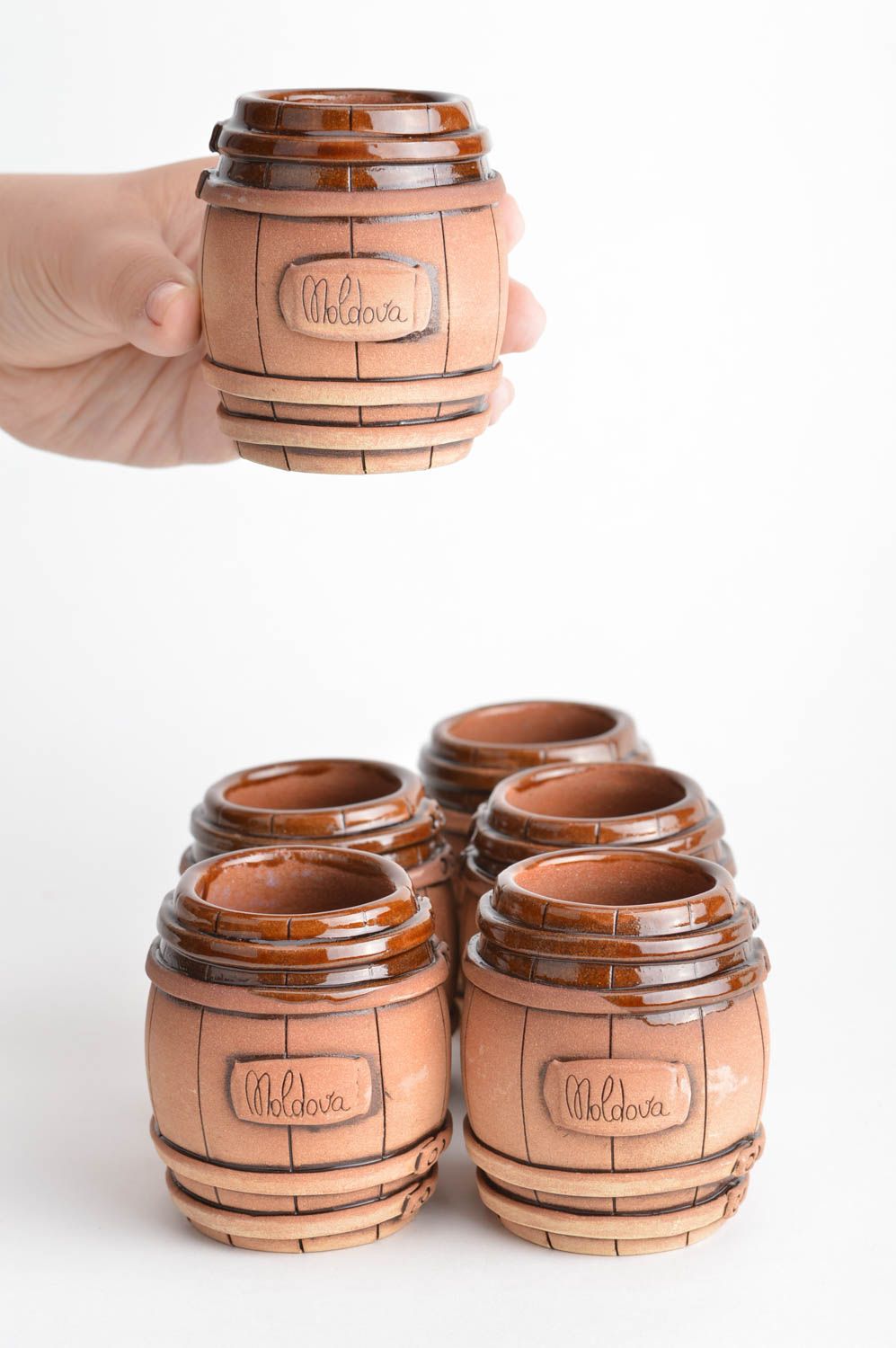 Set of 6 six red clay glazed 3 oz drinking cups with no handle in the design of the wooden barrel photo 3