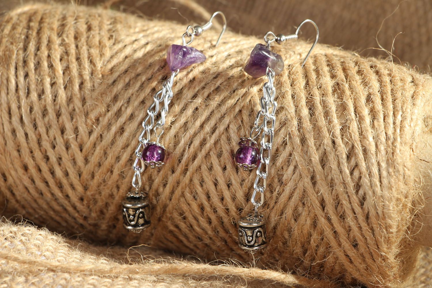 Long earrings with amethyst stone photo 4