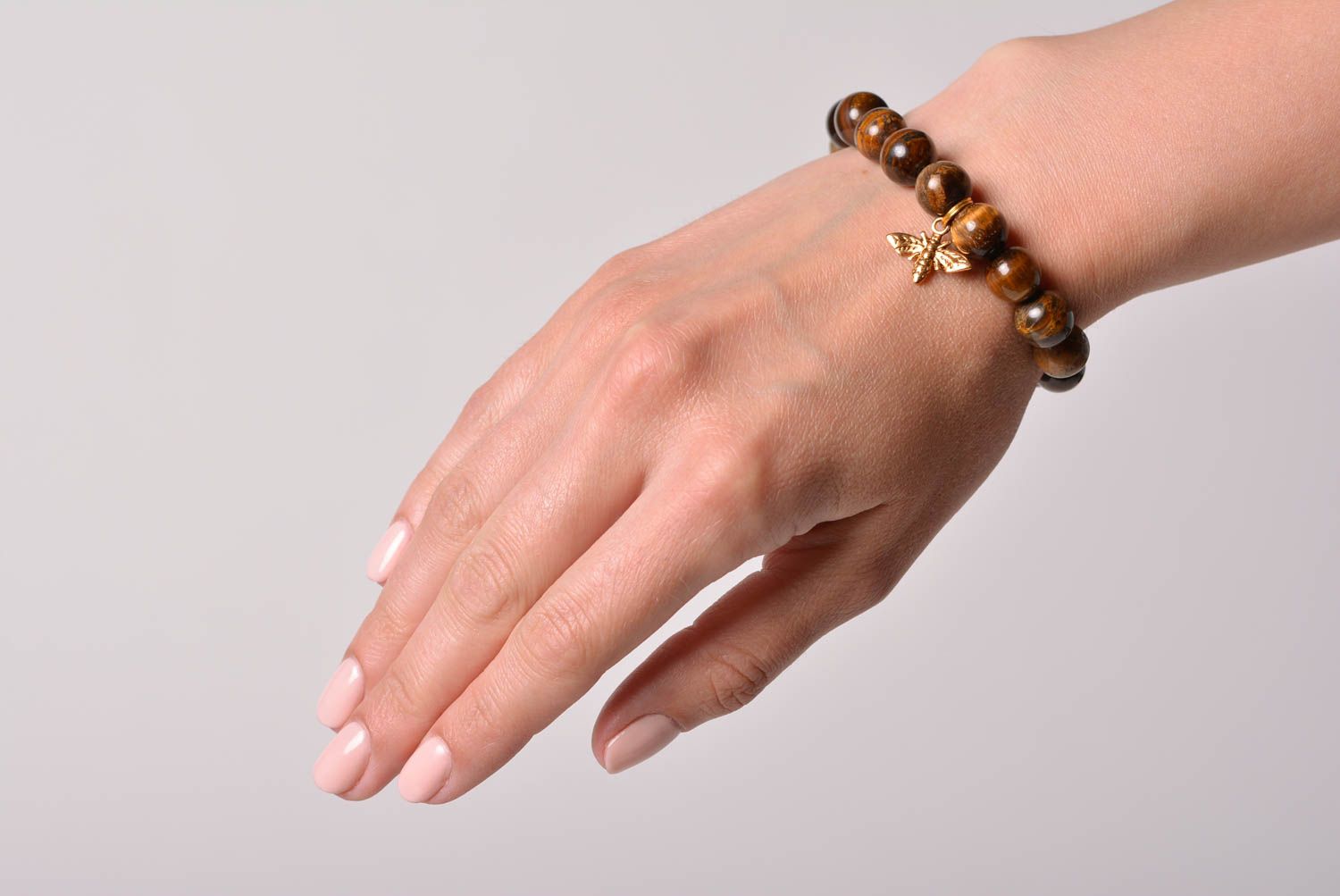 Handmade brown tiger's eye stone beaded wrist bracelet with charm for women photo 1