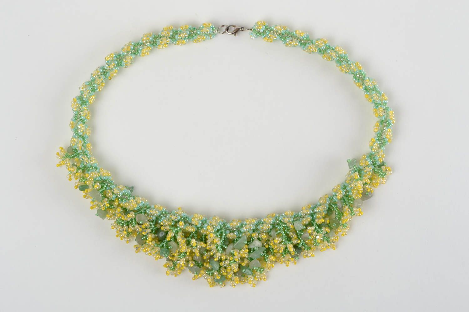 Unusual handmade designer beaded necklace with natural stones green and yellow photo 3