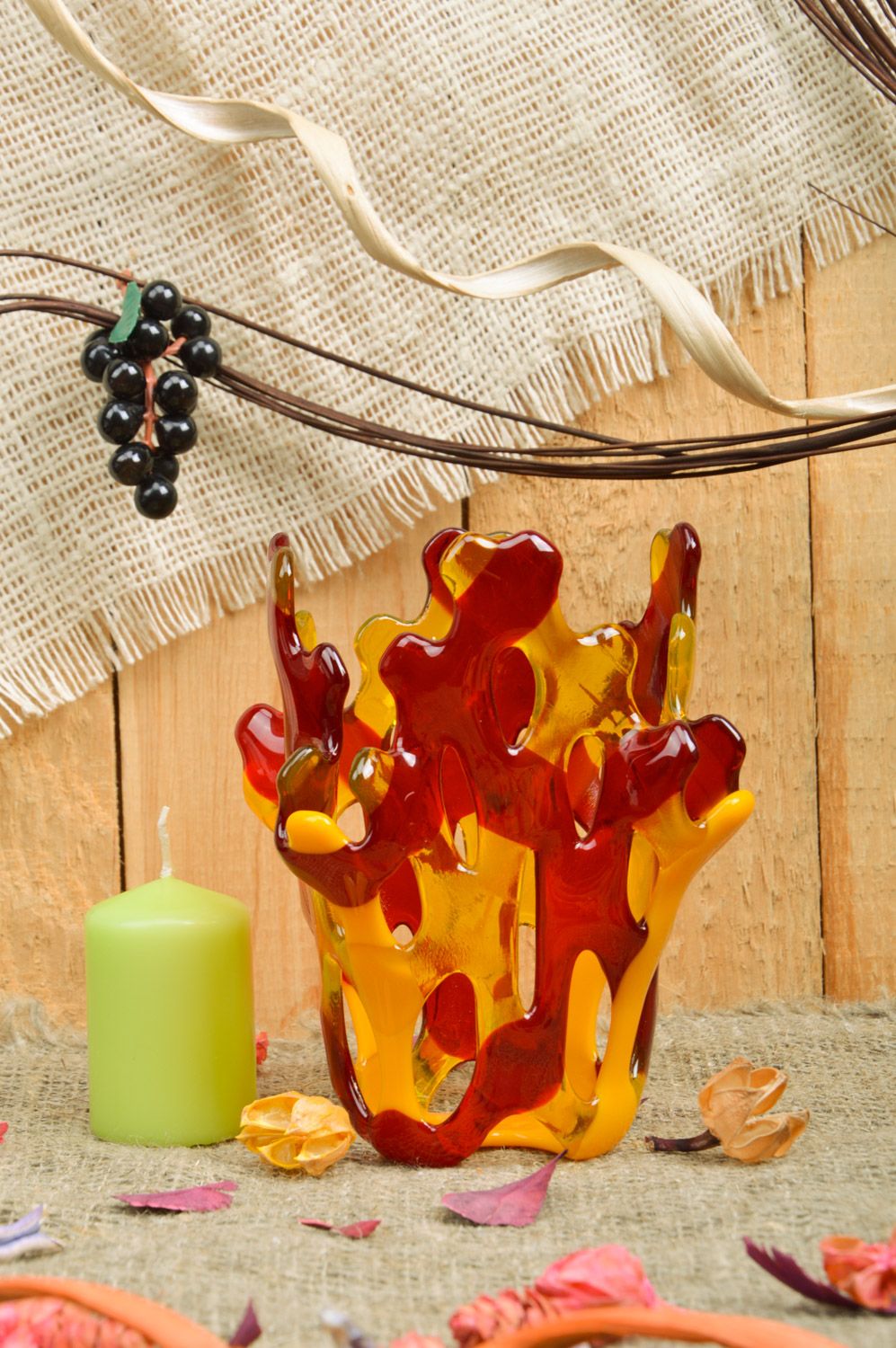 Handmade bright decorative red and yellow fused glass candle holder for interior photo 1