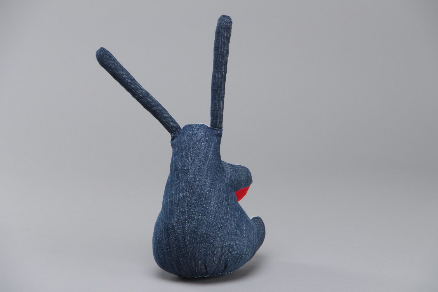 Blue and white handmade denim fabric soft toy hare with heart photo 4