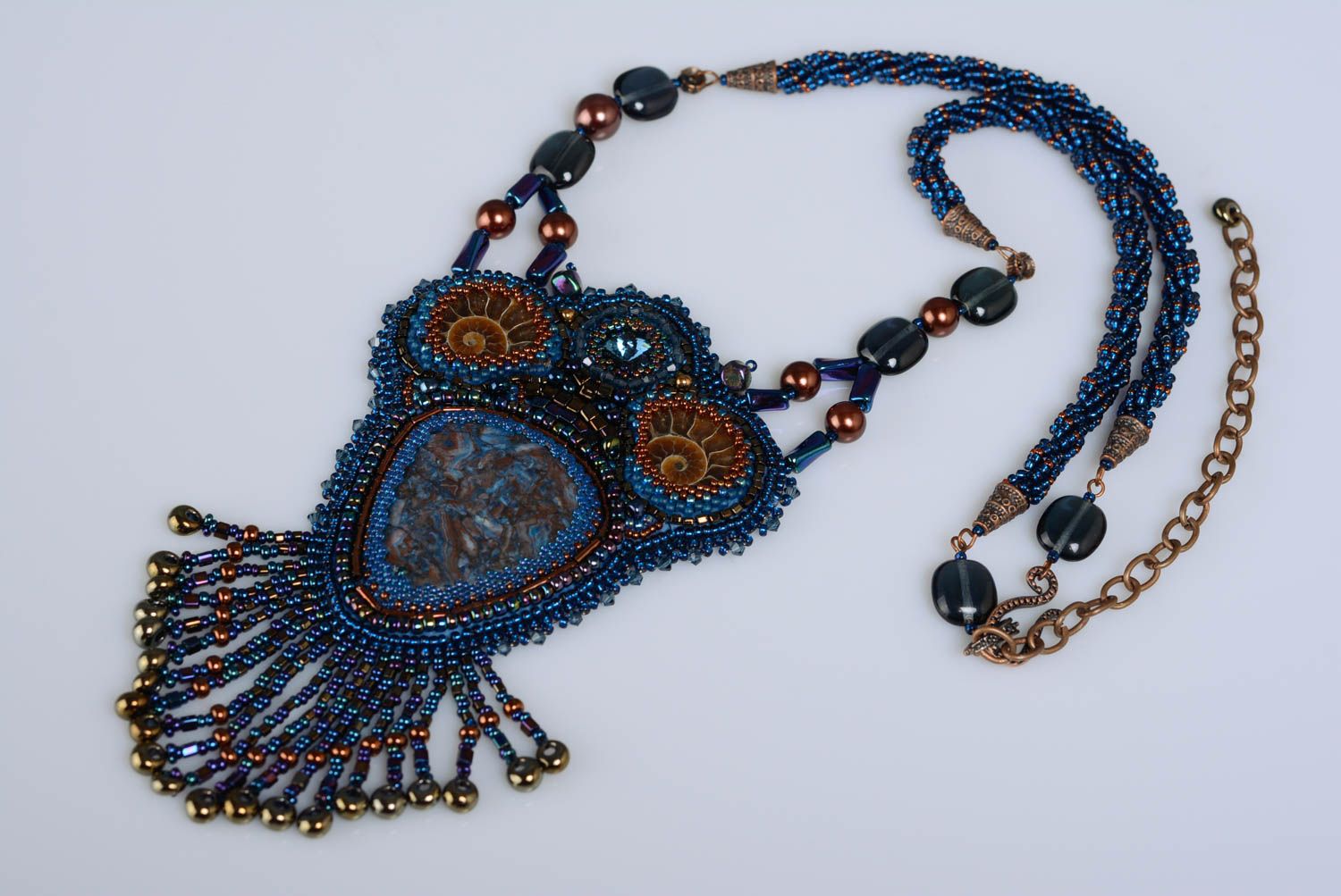 Big pendant with natural stone beads and ammonites handmade blue and brown photo 1