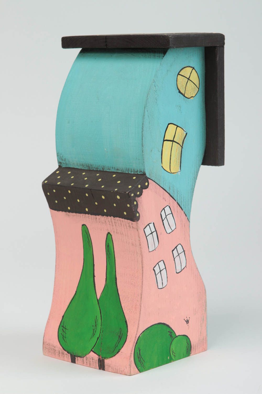 Statuette en bois fait main Figurine décorative Déco maison rose bleu ciel photo 2