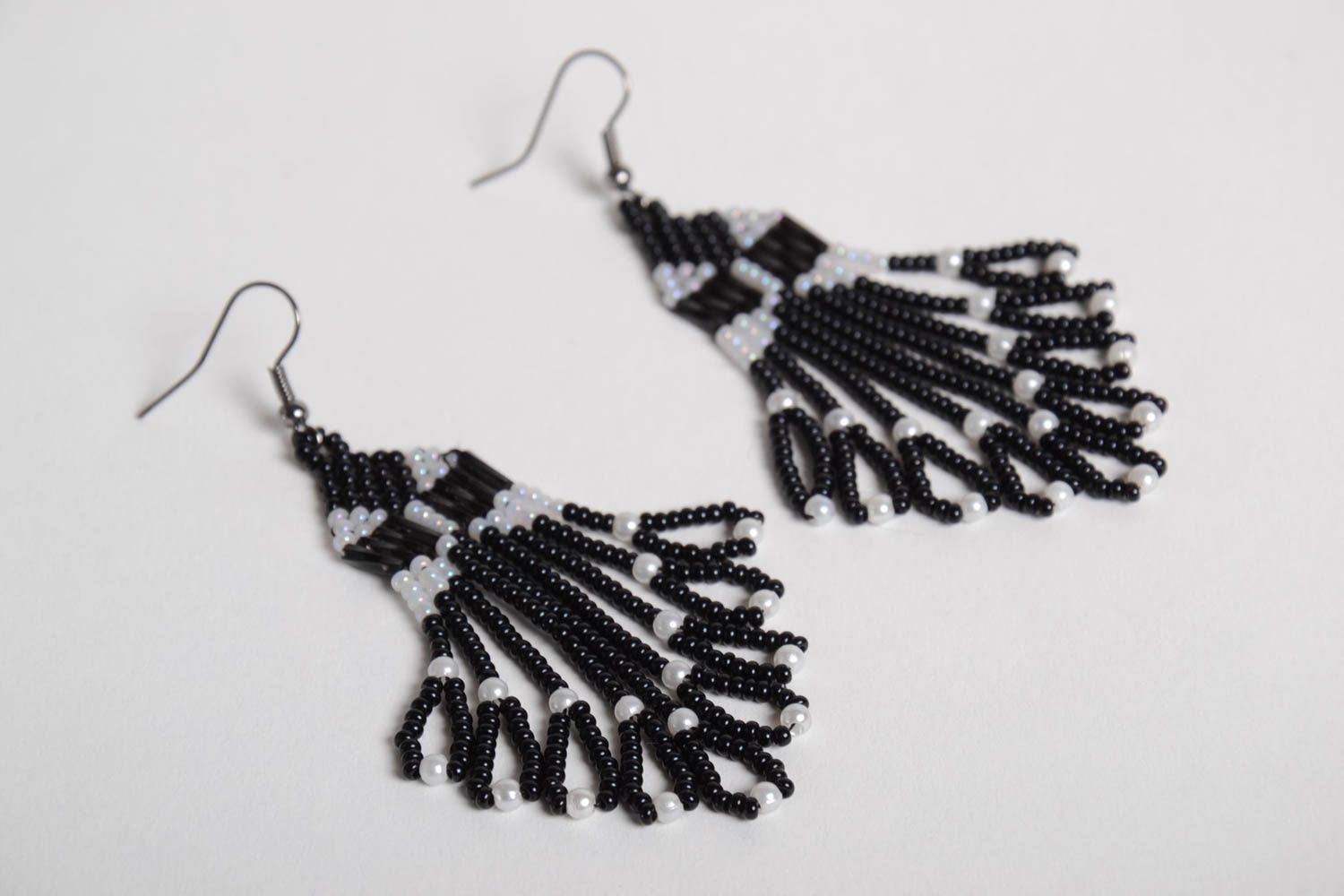 Handmade beaded earrings black and white accessory designer earrings with charms photo 3