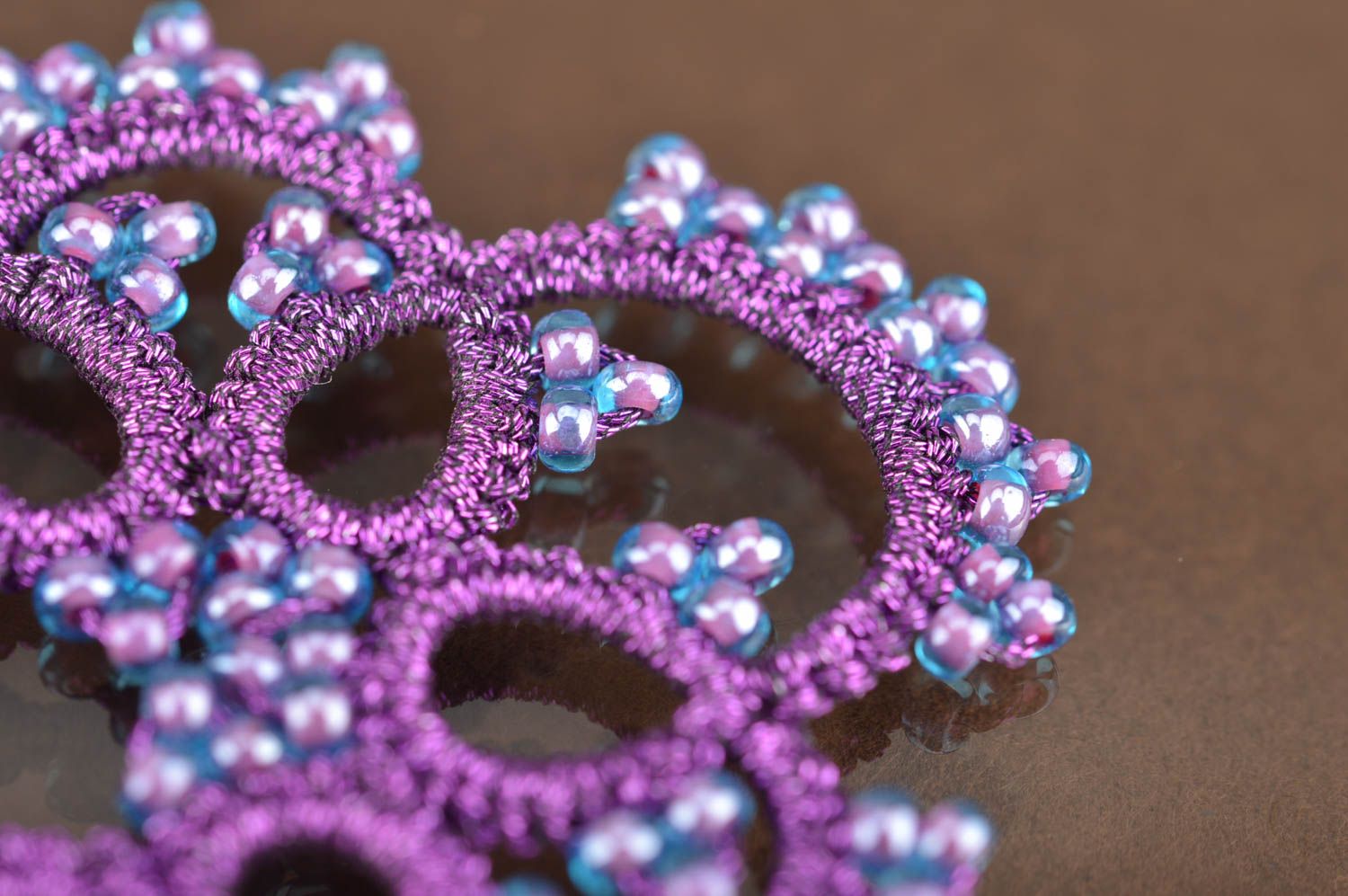 Unusual beautiful handmade designer lilac tatting lace earrings with beads photo 4