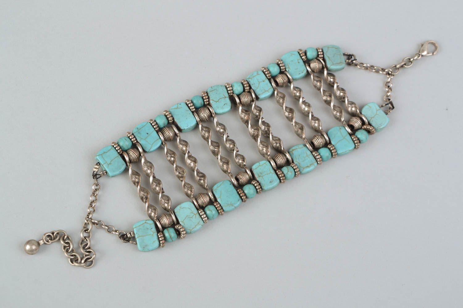 Wide metal bracelet with turquoise photo 4