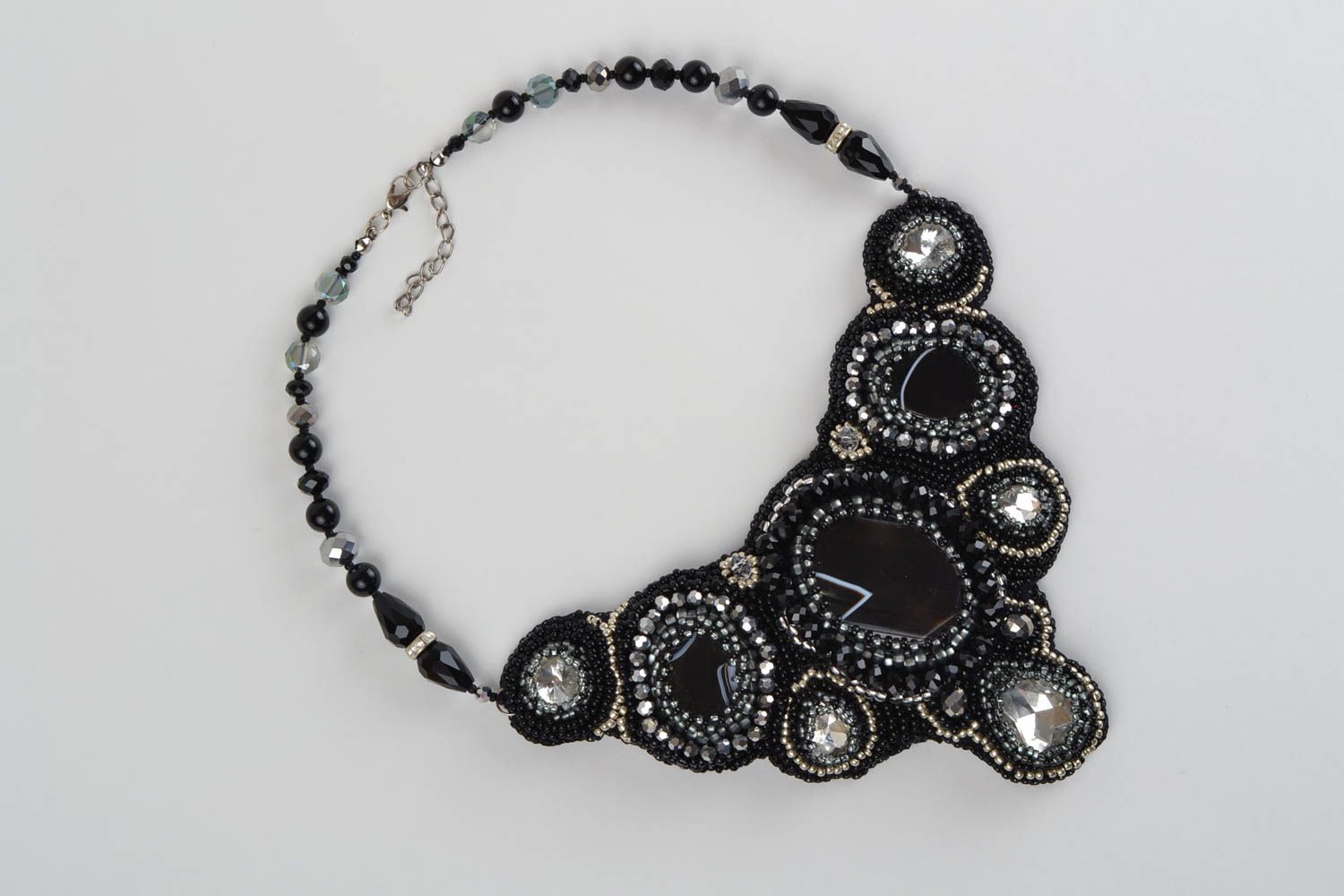 Beaded necklace with natural stones massive black handmade evening accessory photo 4