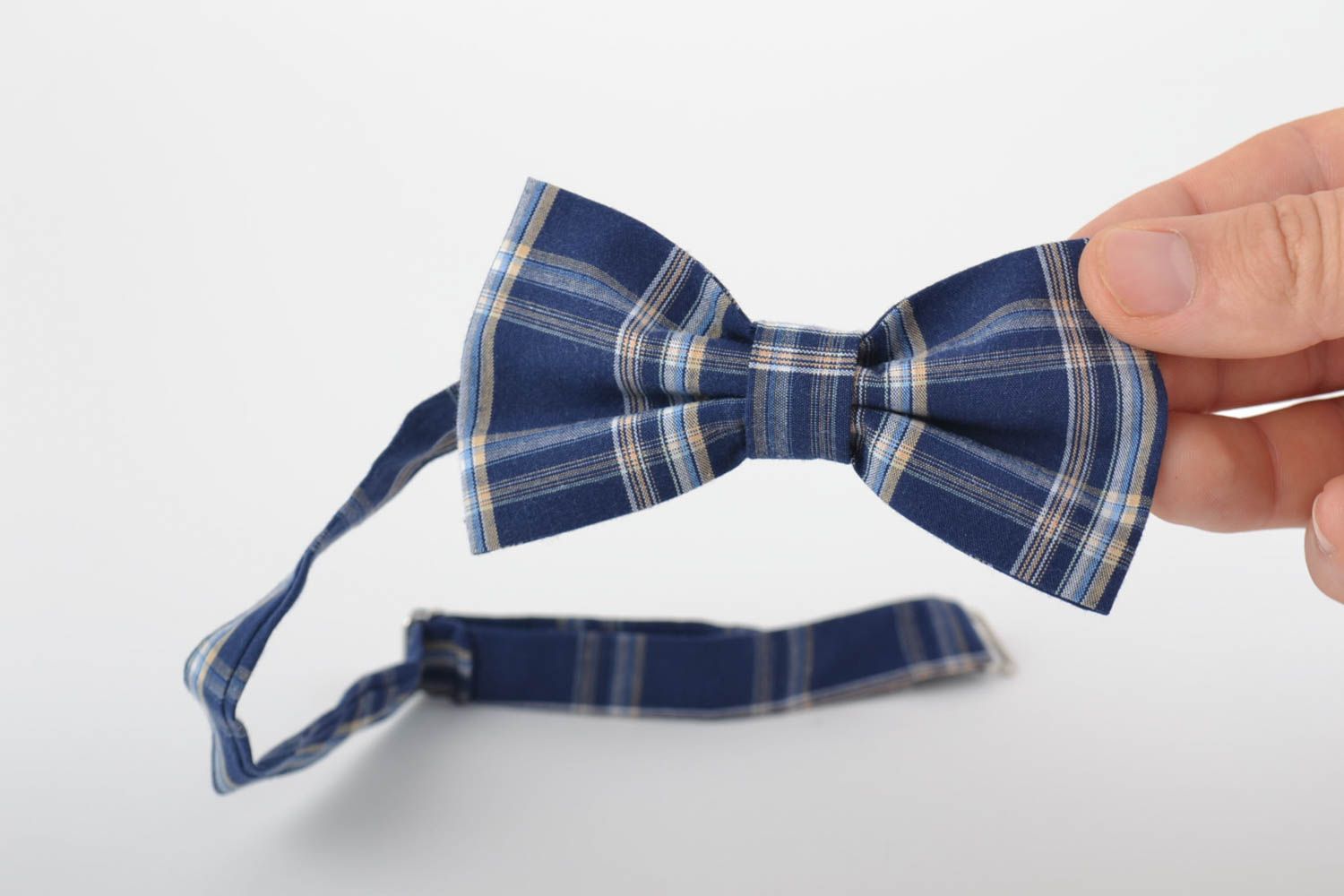 Beautiful blue checkered fabric bow tie with adjustable strap hand made photo 4