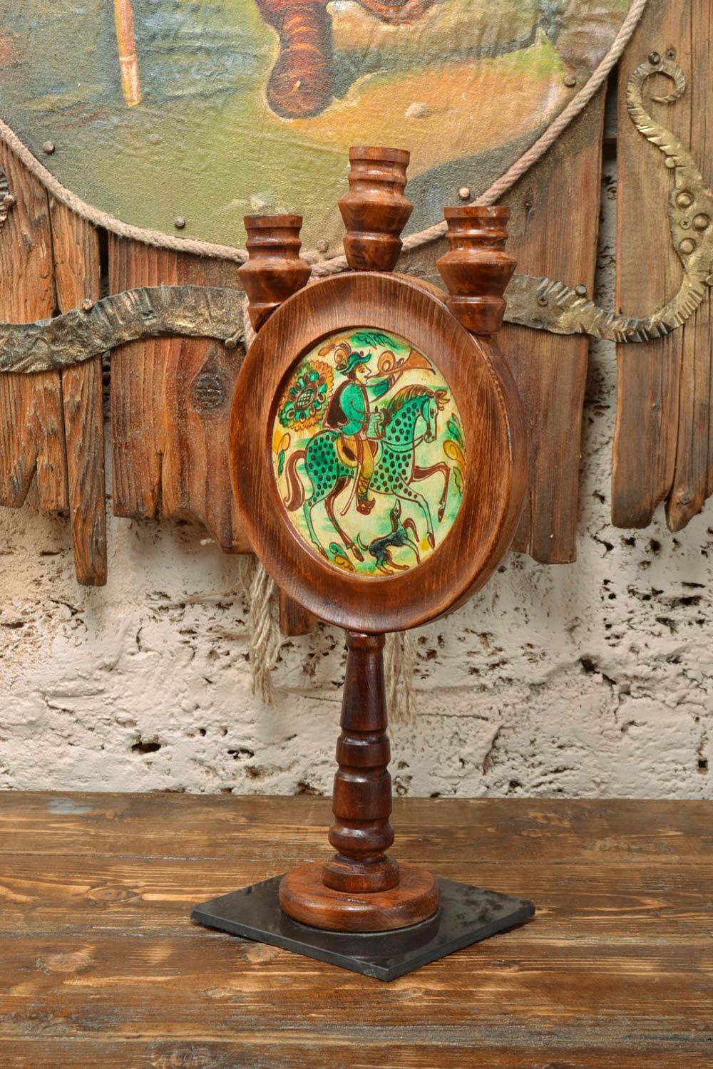 Handmade designer painted wooden candlestick of round shape on holder photo 1