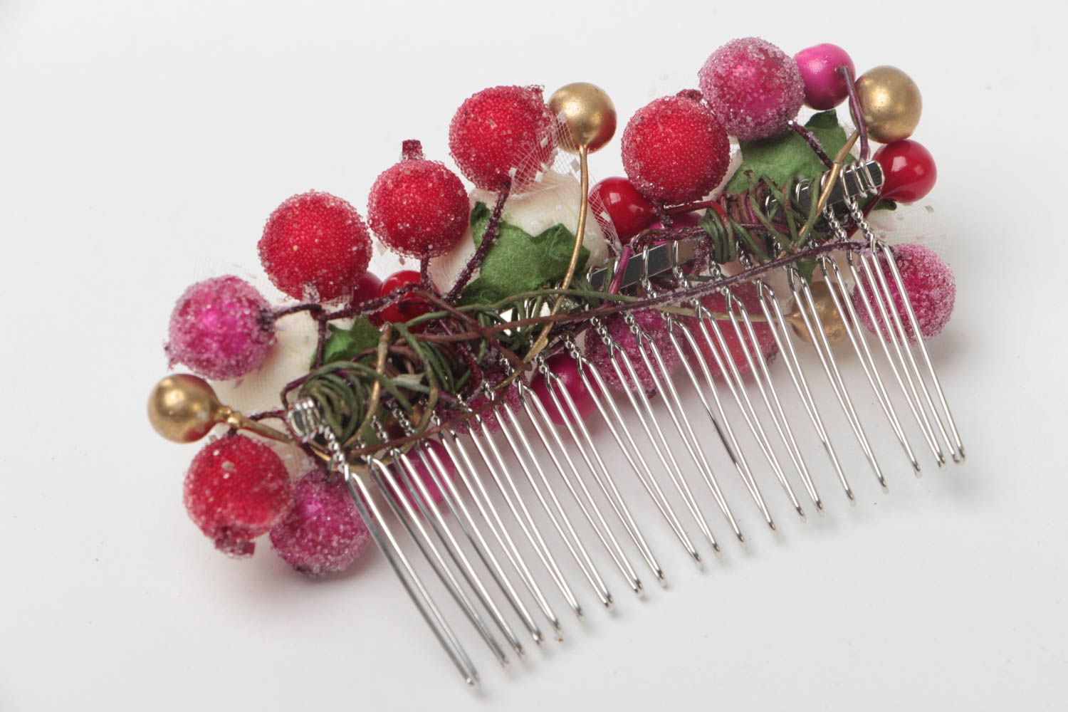 Handmade metal decorative hair comb with artificial colorful berries and flowers photo 4
