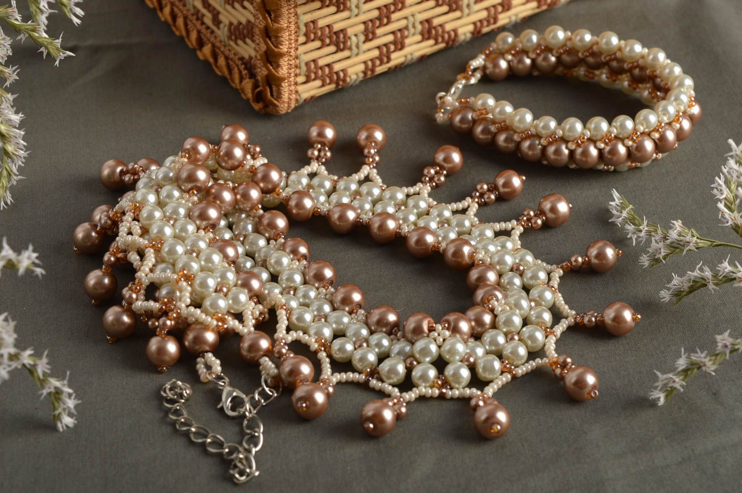 Handmade beaded jewelry set stylish elegant necklace elite wrist bracelet photo 1