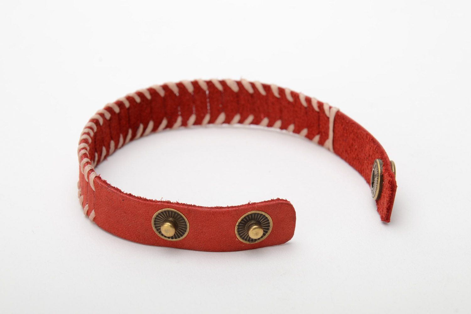 Handmade woven red genuine leather bracelet of middle width with studs photo 4