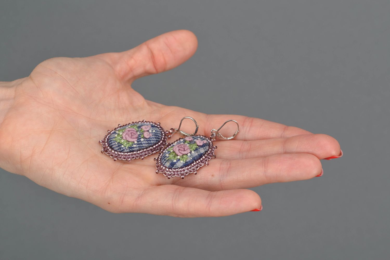 Handmade dangle earrings with embroidery photo 2