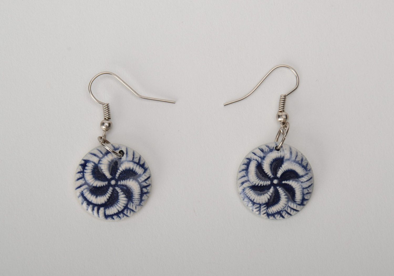 White and blue handmade clay round earrings with charms photo 3