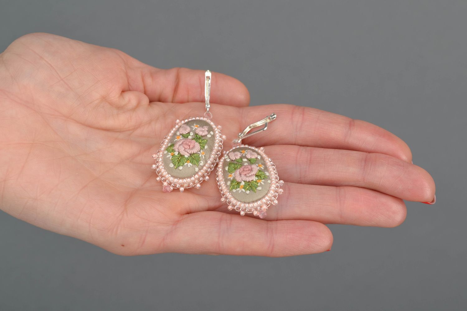 Festive dangle earrings with embroidery photo 2
