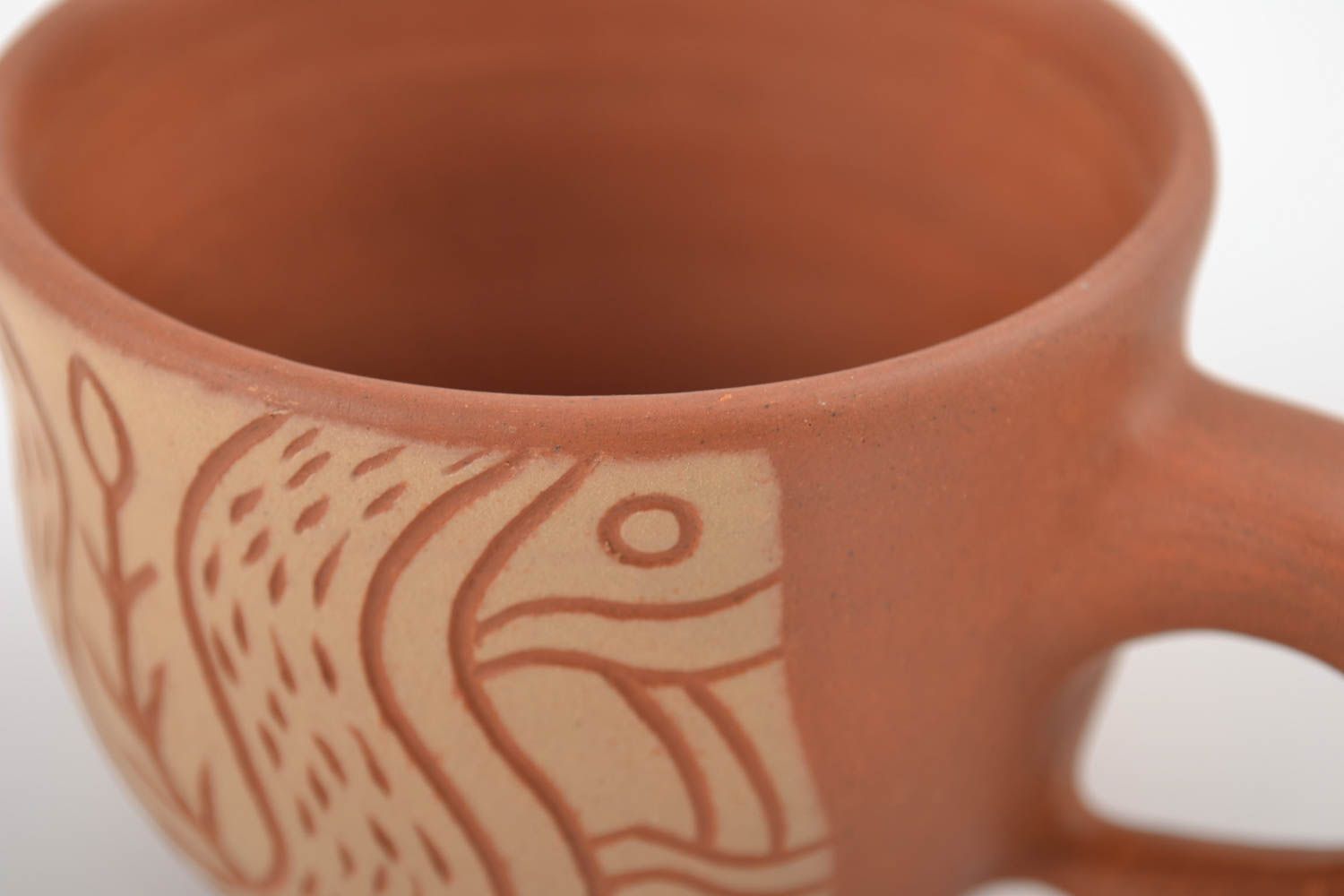 8 oz clay cup in terracotta and beige color with cave drawings photo 5