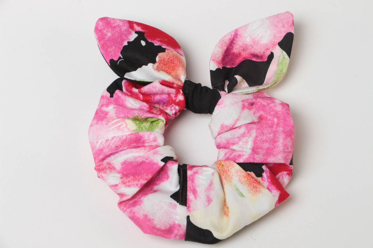 Handmade floral cotton fabric bunny ears scrunchy designer hair accessory photo 2