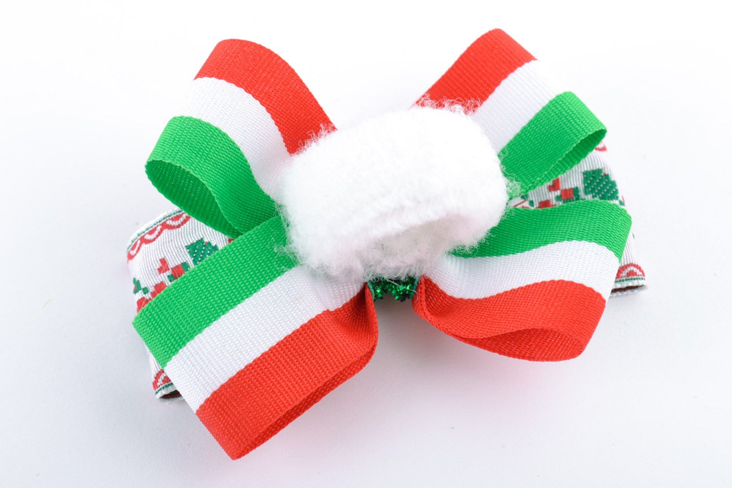 Handmade designer hair tie with ribbon bow of white green and red colors photo 3