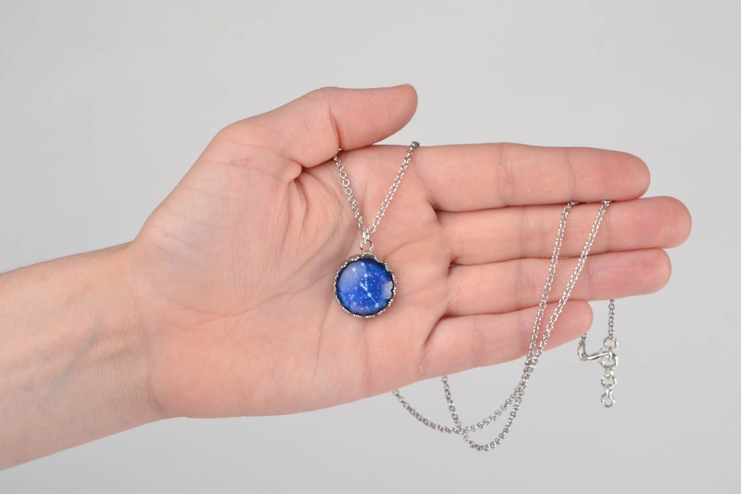 Handmade designer blue glass round pendant necklace on chain with constellation photo 2