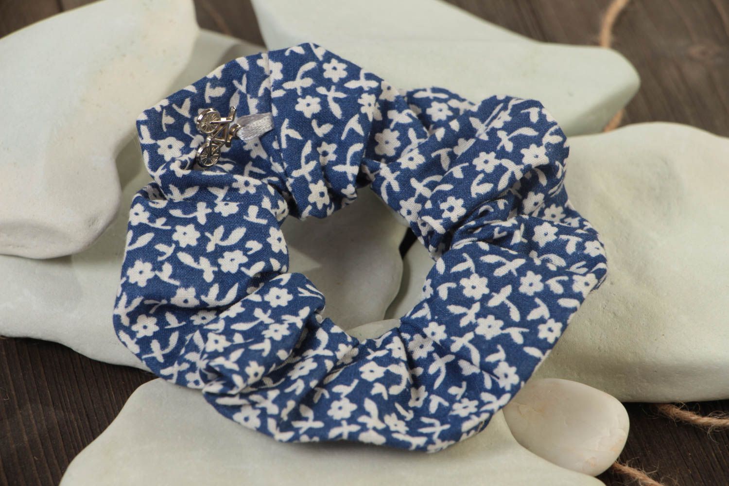 Handmade large decorative blue fabric elastic hair band with floral pattern photo 1
