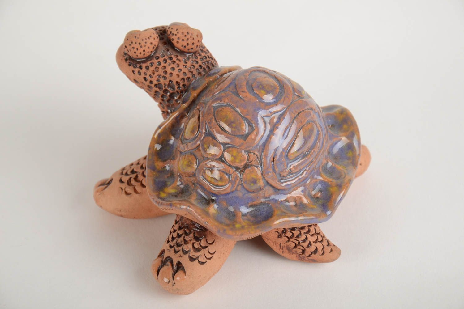Small handmade clay figurine of turtle with enamel and glaze made for decoration photo 3