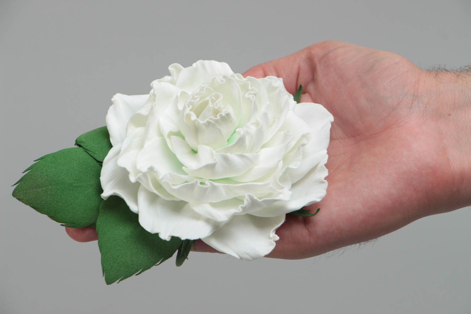 Handmade designer brooch with large volume white foamiran flower and green leaf photo 5